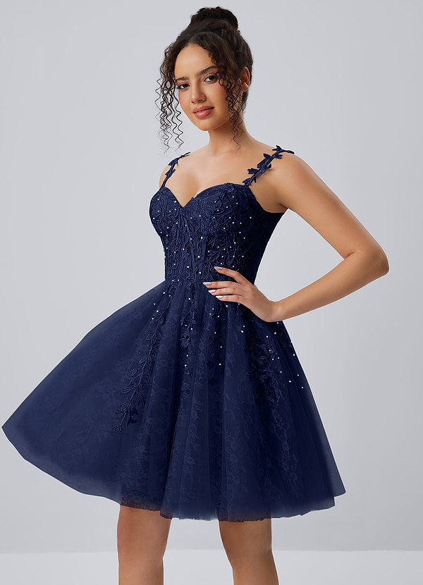 Raphinase Navy Blue Lace Tulle Beading Corset A line Lace-Up Mini Dress image1