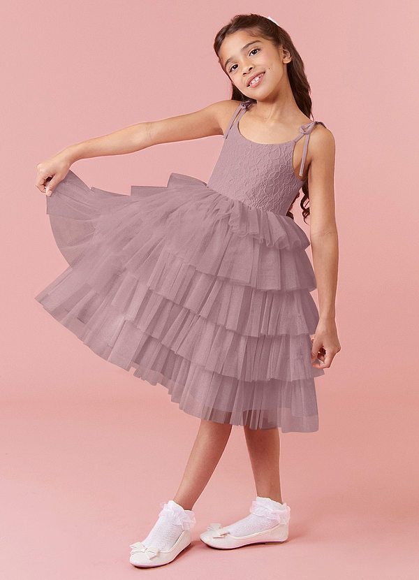 Barbie ♥ Azazie Flower Girl Dresses Scoop Bow Strap Lace Tulle Tier A-Line Dress image1