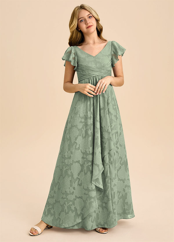 Azazie Omari Junior Agave A-Line Pleated Floral Burnout Dress image1