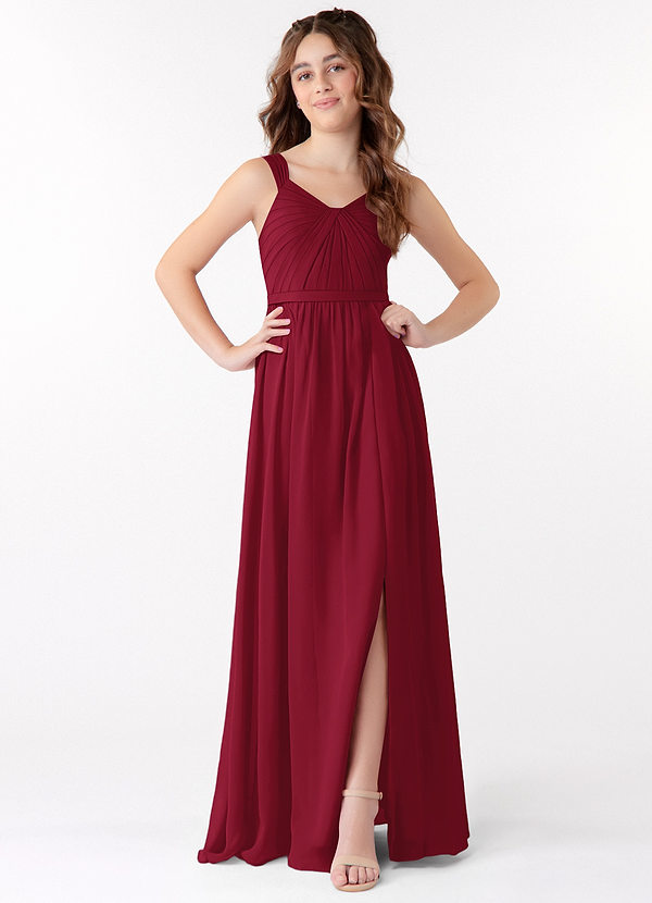 Azazie Evie Junior Burgundy A-Line Pleated Chiffon Dress image1