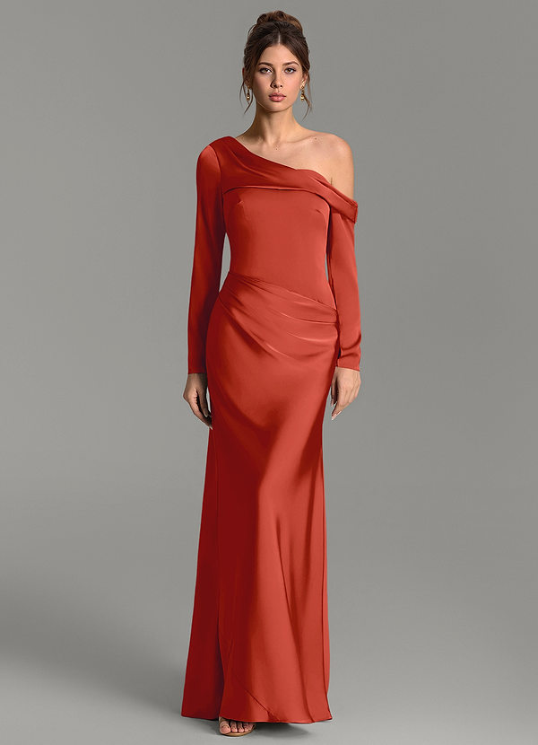 Azazie Sandra Bridesmaid Dresses Rust Mermaid Long Sleeve Stretch Satin Dress image1
