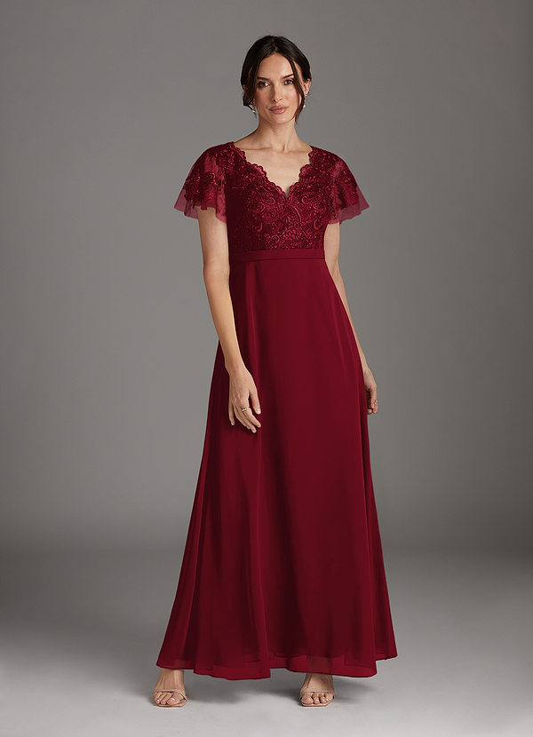 Azazie Singer Mother of the Brides Dresses Burgundy A-Line V-Neck Lace Chiffon Dress image1