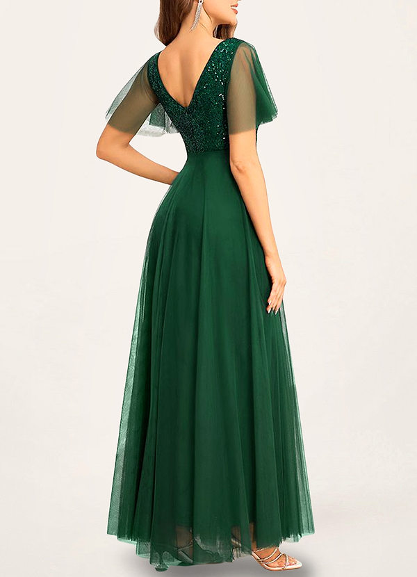back Dalton Dark Emerald Sequin Fluttered Sleeve Maxi Dress