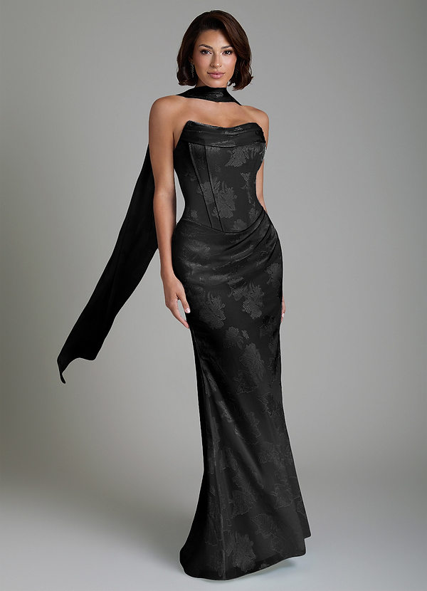 Azazie Ariah Bridesmaid Dresses Black Mermaid Corset Floral Jacquard Burnout Dress image1