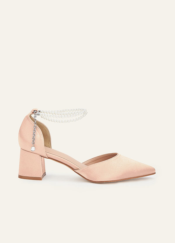 front Matching Color Metallic Satin Pearl Strap Pointed Toe Block Heels