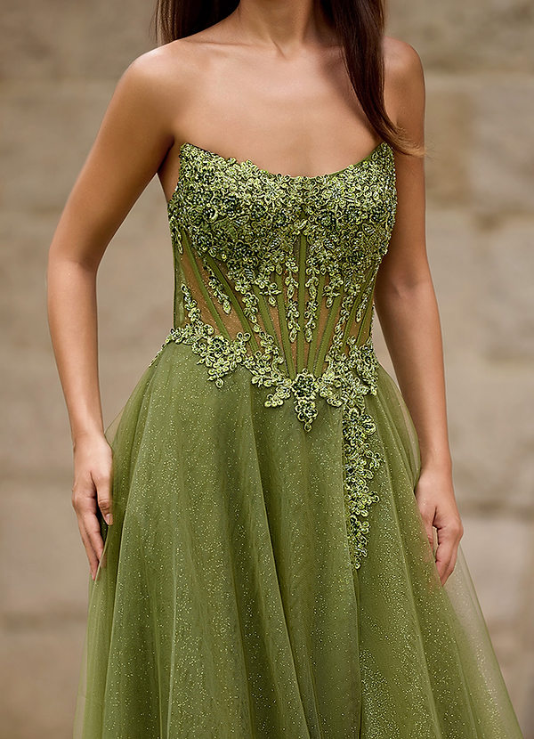 Brilliance Green A-line Glitter Tulle Prom Dress with Sequin Applique image1