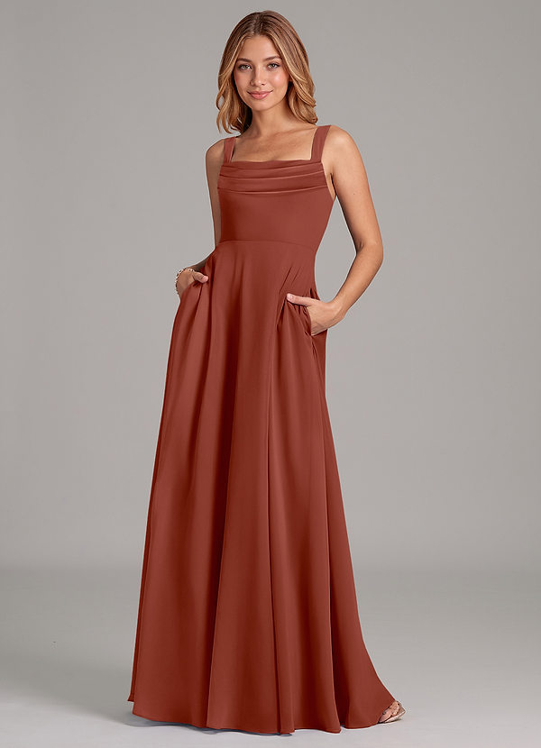 Azazie Shaude Bridesmaid Dresses Auburn A-Line Pleated Chiffon Dress image1