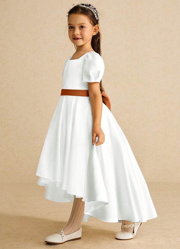 Azazie Zippy Flower Girl Dresses Ivory Copper A-Line with Sleeves Matte Satin Dress image1