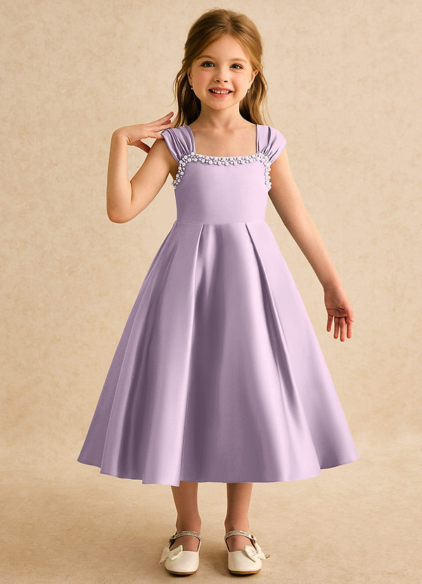 Azazie Yosemite 플라워 걸 드레스 볼가운 스윗하트 네크라인 매트 새틴 티 길이 드레스 image1