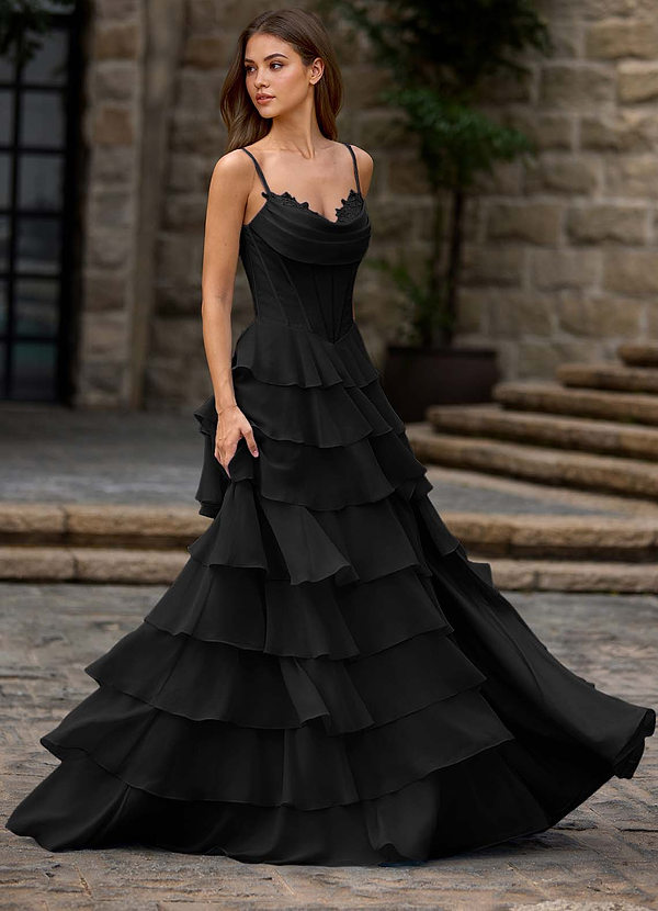 Floralace Schwarz A-Linien-Ballkleid mit Rüschen image1