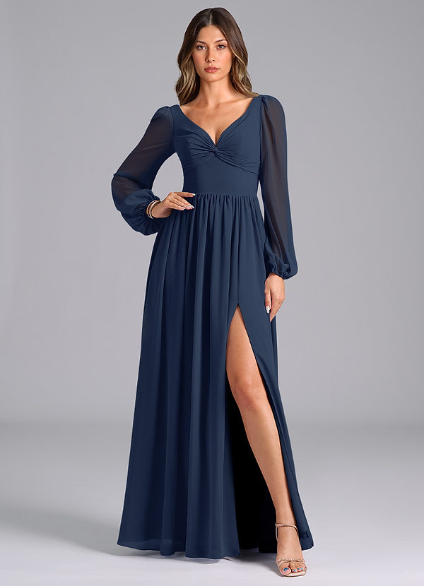 Azazie Zeya Bridesmaid Dresses Dark Navy A-Line Long Sleeve Chiffon Dress image1