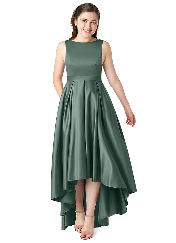 Azazie Inaya Junior Sea Moss A-Line with Belt Stretch Satin Dress image1