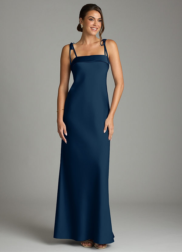 Azazie Ellia Bridesmaid Dresses Dark Navy Sheath Bow Stretch Satin Dress image1