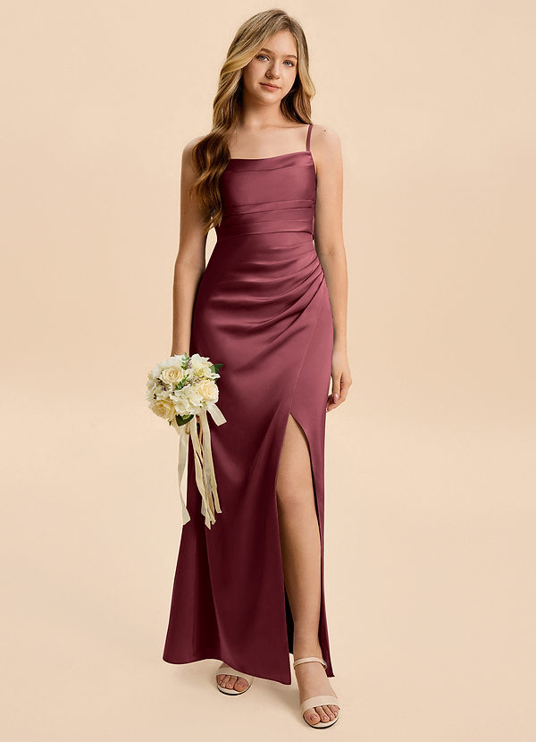 Minnie Junior Merlot Sheath Ruched Stretch Satin Dress image1