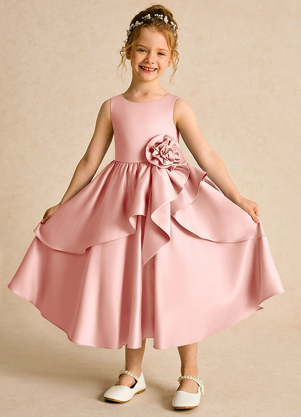 Azazie Hermia Blumenkinder Kleider A-Linie ärmellos Matte Satin Kleid Rosettenrosa image1
