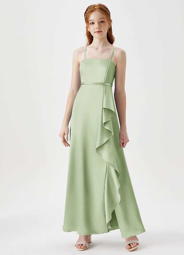 Azazie Kaylee Junior Robe Trapèze en Satiné métallisé avec ceinture Vert Sauge image1