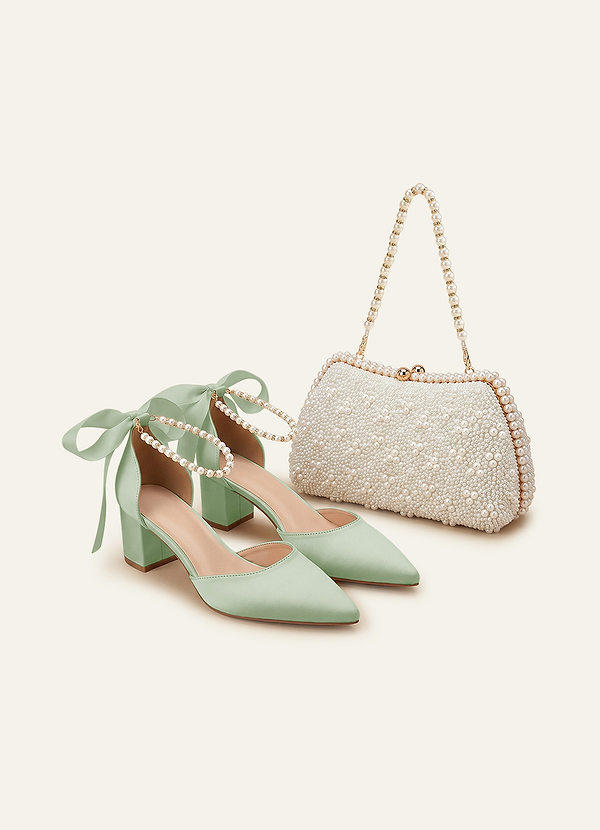 front Ensemble de chaussures à talons carrés à bout pointu, perles et nœud en satin mat assortis et pochette perlée