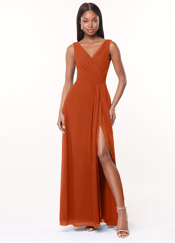 Azazie Karina Bridesmaid Dresses Burnt Orange A-Line Pleated Chiffon Dress image1