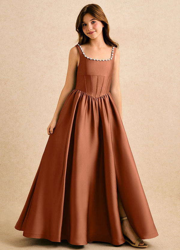 Azazie Enid Girls Formal Blumenkinder Kleider A-Linie Mit Perlen Stretch-Satin Kleid Kupfer image1