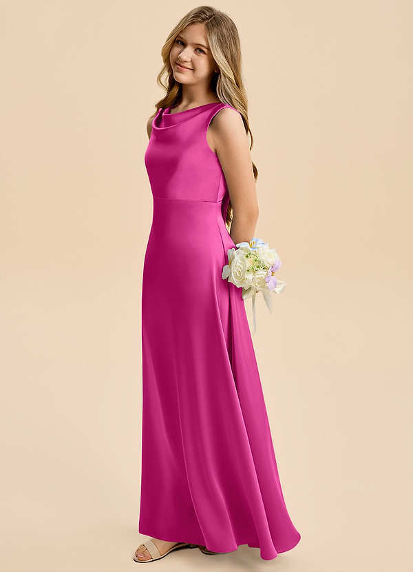 Azazie Kiki Junior Robe Trapèze en Satin extensible Arc Fuchsia image1