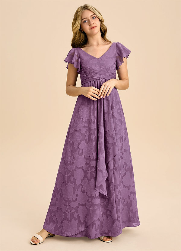 Azazie Omari Junior Wisteria A-Line Pleated Floral Burnout Dress image1