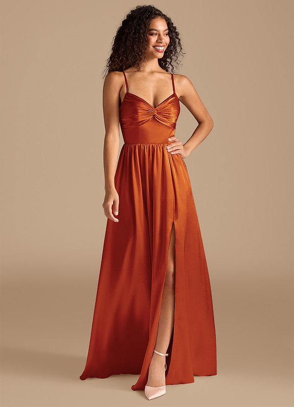 Azazie Zeya Bridesmaid Dresses Paprika A-Line Pleated Metallic Satin Dress image1