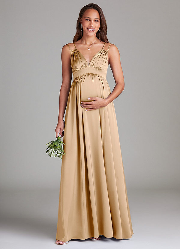 Azazie Emree Maternity Bridesmaid Dresses A-Line Stretch Satin Floor-Length Dress with Pockets image1