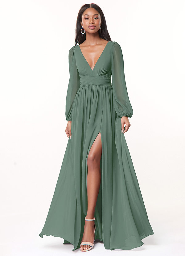Azazie Norah Bridesmaid Dresses A-Line V-Neck Long Sleeve Chiffon Floor-Length Dress image1