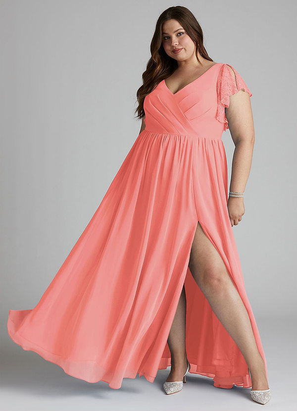 Azazie Zella Robes Demoiselle d'honneur Robe Trapèze en Mousseline de soie Dentelle Corail image1