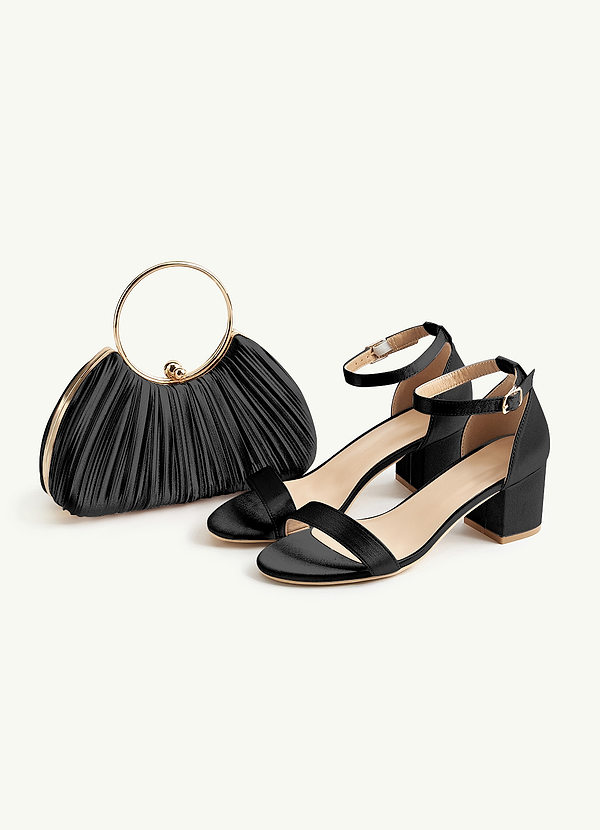 front Matching Color Metallic Satin Block Low Heel Sandals & Pleated Handbag Set