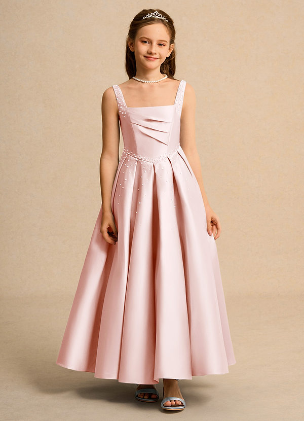 Azazie Mochi Girl Flower Girl Dresses Blushing Pink Ball-Gown Pleated Matte Satin Dress image1
