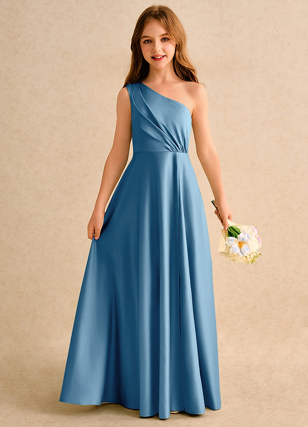 Azazie Puddles Girls Formal Vestidos de Niña de Flores Vestido de Azul Acero de Satin Mate de Corte en A con Hombro unilateral image1