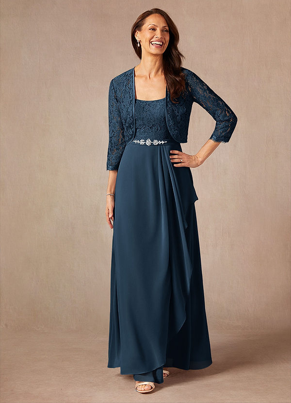 Azazie Ainsling Mother of the Brides Dresses Dark Navy A-Line Square Neckline Lace Chiffon Dress image1