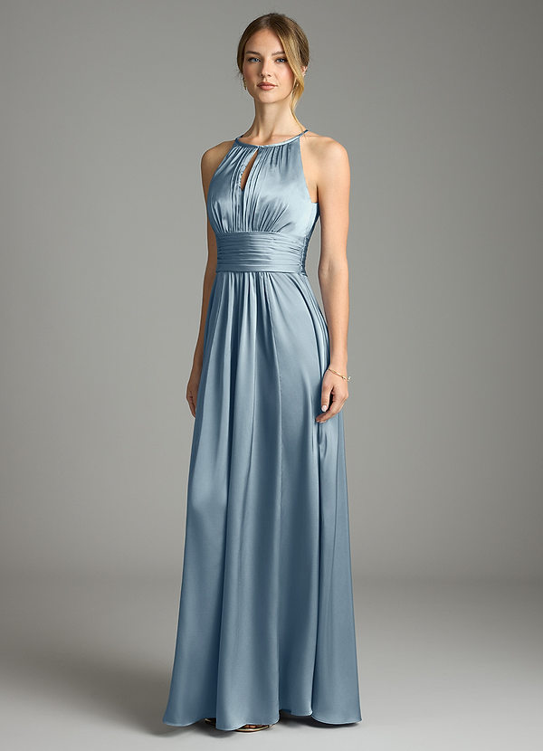 Azazie Bonnie Bridesmaid Dresses Dusty Blue A-Line Pleated Stretch Satin Dress image1