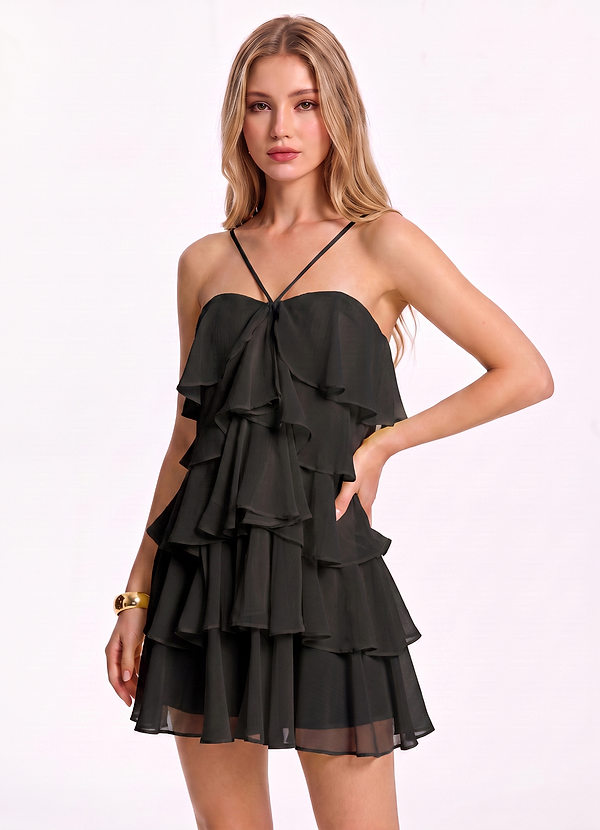 Leona Black Spaghetti Strap Tiered Ruffle Chiffon Mini Dress image1