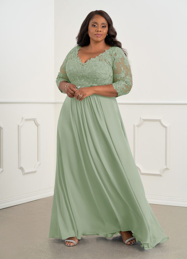 Azazie Hayek Mother of the Brides Dresses Dusty Sage A-Line V-Neck Lace Chiffon Dress image1