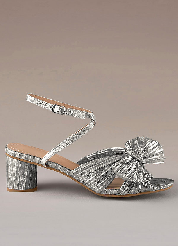 front Pleated Metallic Bow Silver Heel Sandals