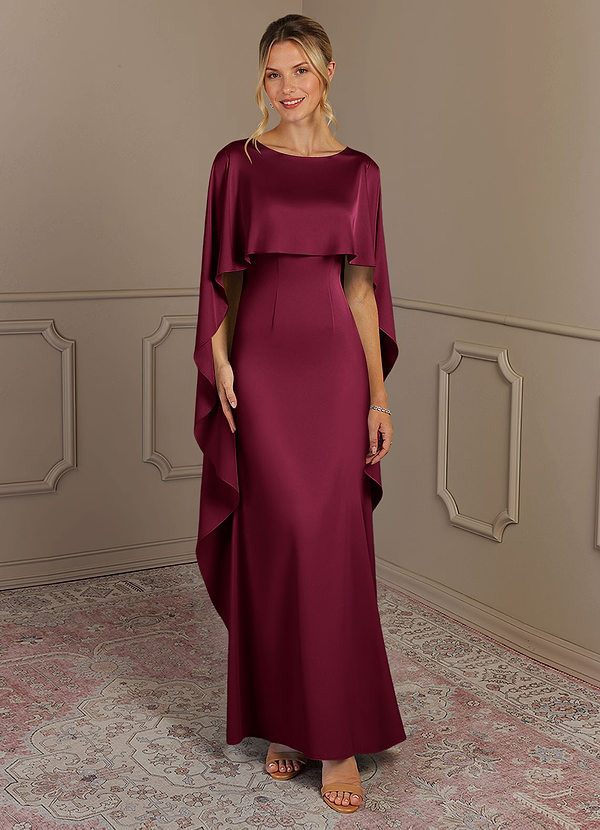 Azazie Eli Mother of the Brides Dresses Burgundy Sheath Boatneck Stretch Satin Dress image1