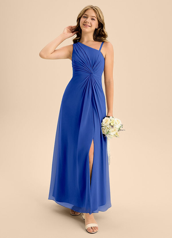 Azazie Brooke Junior Vestido de Azul Real de Gasa de Corte En A con Corte Lateral image1