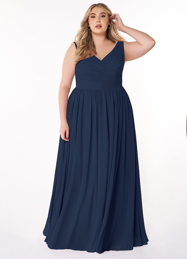 Azazie Keyla Vestidos Dama de Honor Vestido de Azul Marino Oscuro de Gasa de Corte en A con Cuello en V Plisado image1