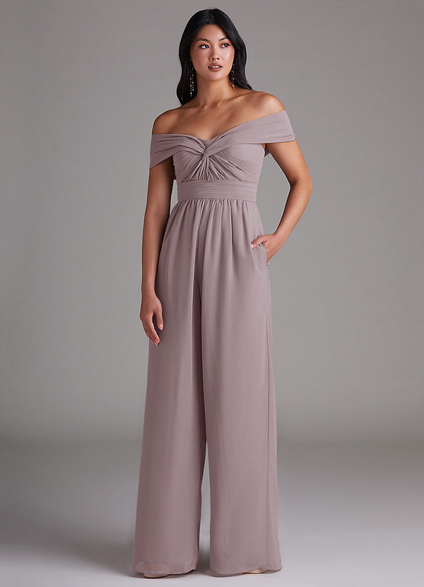 Azazie Lamara Robes Demoiselle d'honneur Combinaison Convertible en Mousseline de soie Épaule décolletée Crépuscule image1