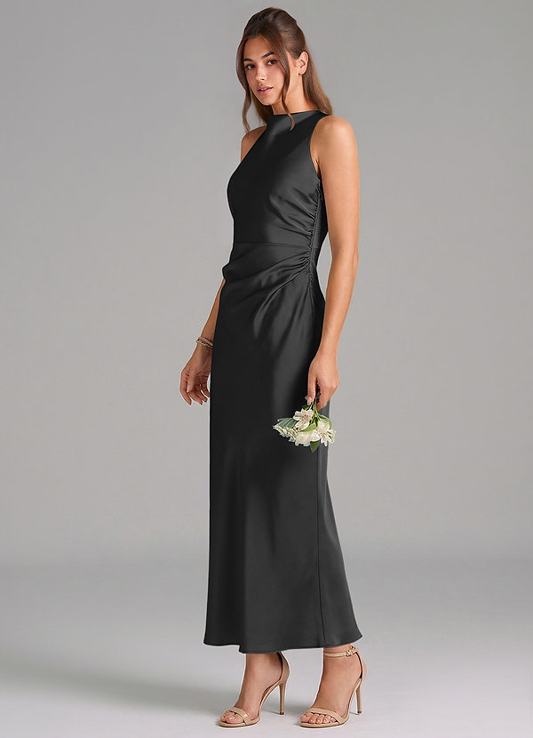 Azazie Evadne Vestidos Dama de Honor Vestido de Negro de Satén Elástico de Corte Recto con Plisado image1