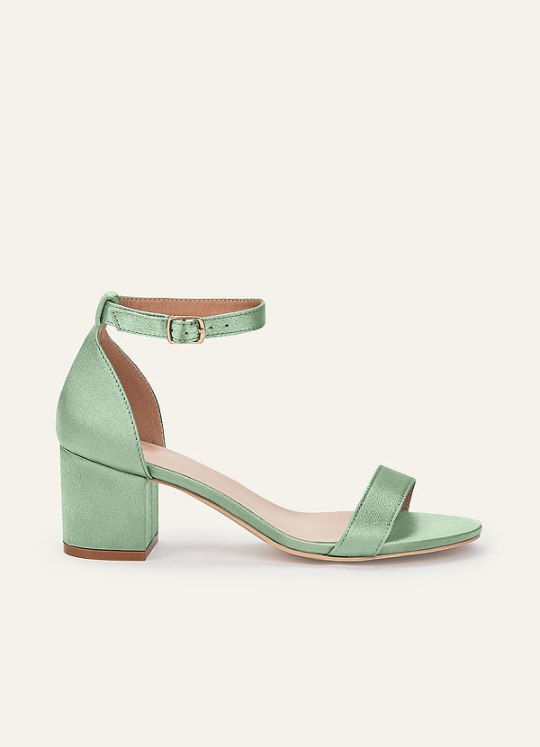 front Sandales à talon carré et boucle à une bride en satin métallisé de couleur assortie