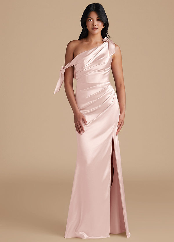 Azazie Xyla Bridesmaid Dresses Blushing Pink Sheath Off the Shoulder Metallic Satin Convertible Dress image1