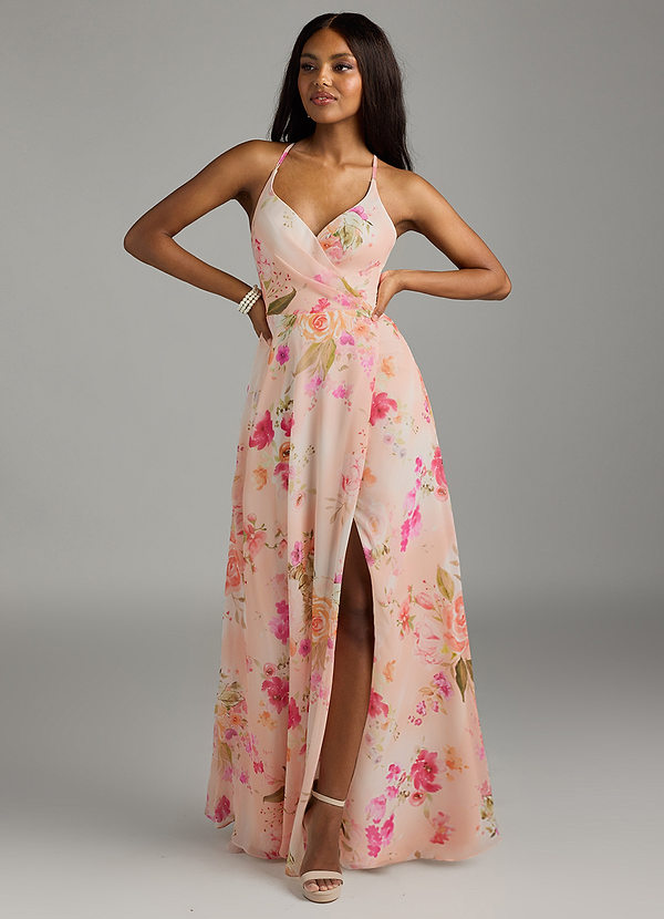 Azazie Davis Robes Demoiselle d'honneur Robe Trapèze en Mousseline de soie Col en V Bouquet Florale Abstrait image1