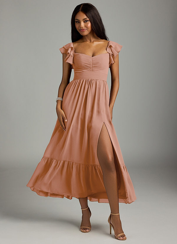 Azazie Anaya Bridesmaid Dresses Champagne Rose A-Line Pleated Chiffon Dress image1