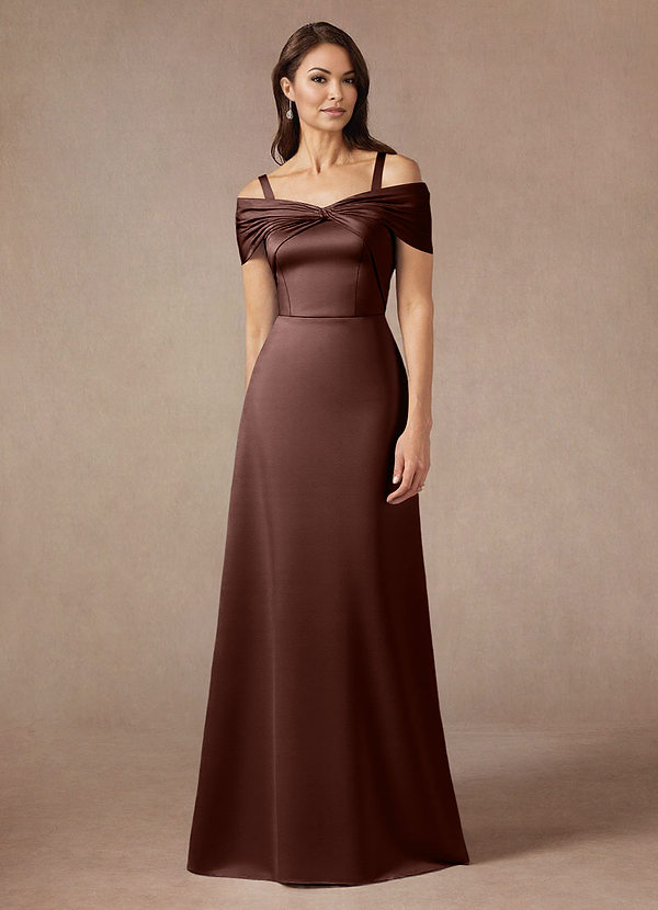 Azazie Amelia Mother of the Brides Dresses Espresso A-Line Off the Shoulder Stretch Satin Dress image1