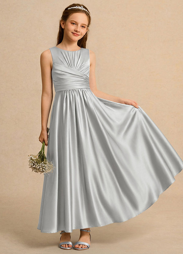 Azazie Ducky Girls Formal 플라워 걸 드레스 A라인 주름진 스트레치 새틴 발목 길이 드레스 image1