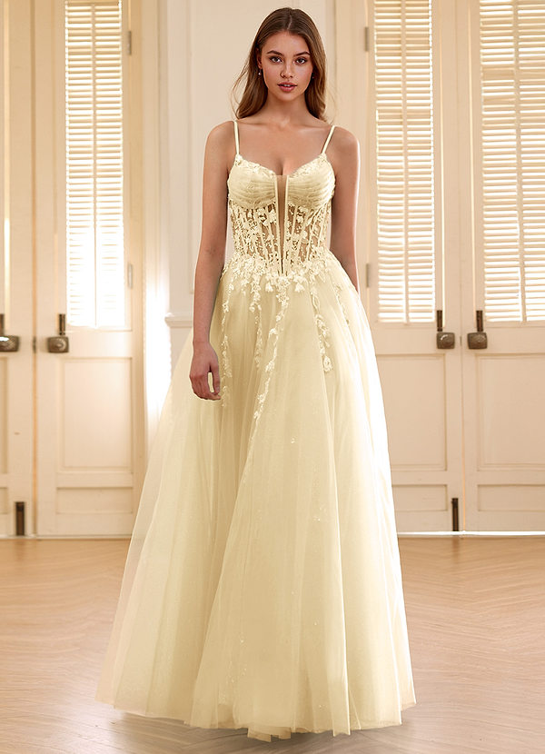 Violettamay Yellow Corset Rhinestone Sheer Lace Prom Dress image1