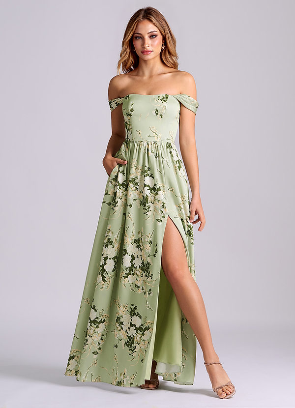 Azazie Calianna Bridesmaid Dresses Floral Vines A-Line Off the Shoulder Stretch Satin Convertible Dress image1